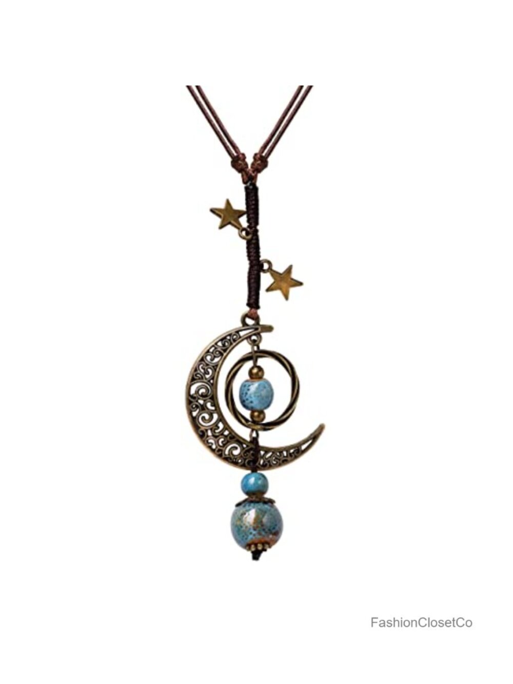 Vintage Boho Ceramic Beads Crescent Moon Lariat Necklace